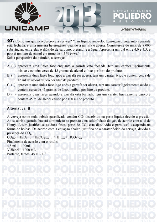 Questão 27 - 1ª Fase - UNICAMP 2013