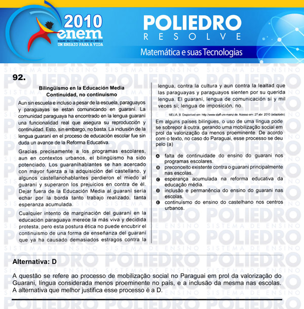 Questão 92 - Domingo (Prova rosa) - ENEM 2010