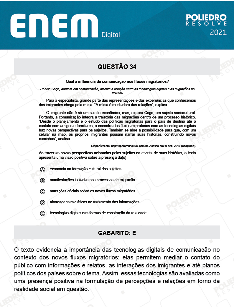 Questão 34 - 1º Dia - Prova Branca - Espanhol - ENEM DIGITAL 2020