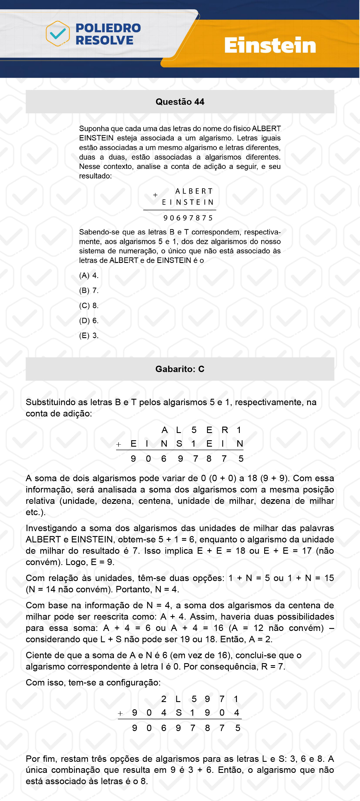 Questão 44 - Fase única - EINSTEIN 2024