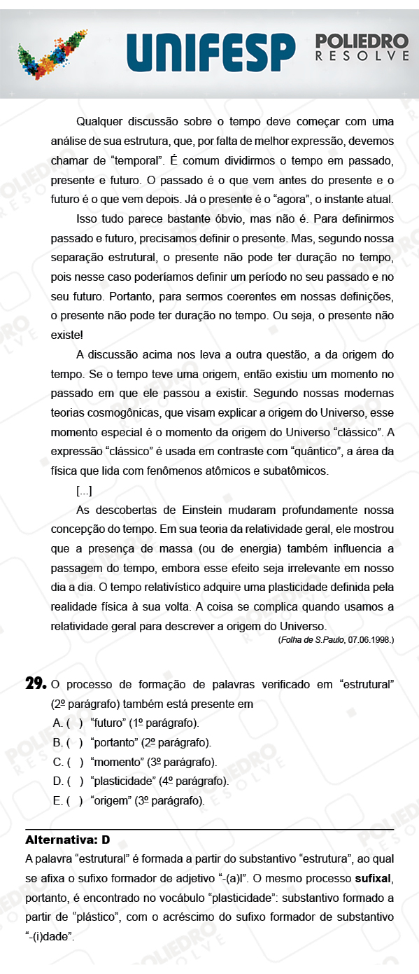 Questão 29 - 1º Dia - UNIFESP 2018