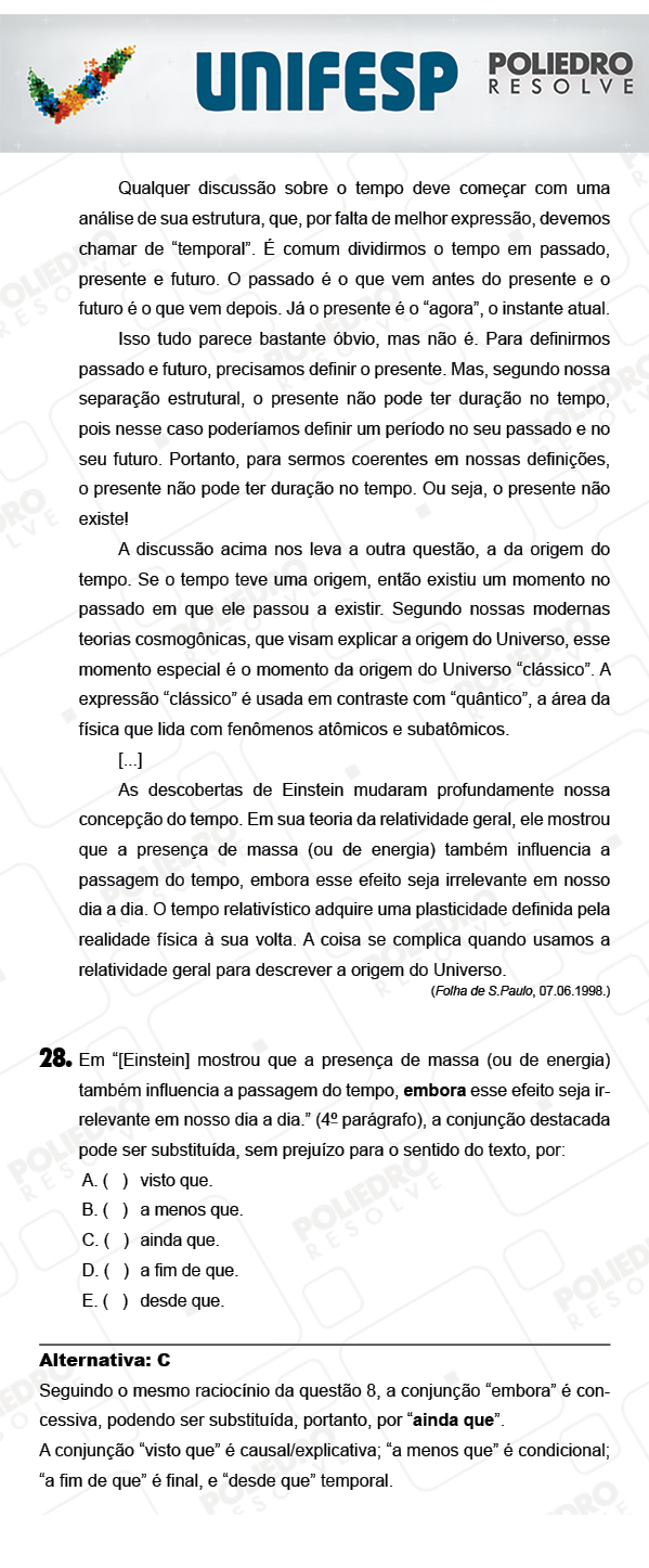 Questão 28 - 1º Dia - UNIFESP 2018