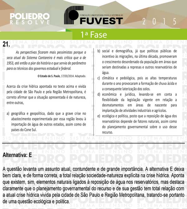 Questão 21 - 1ª Fase - FUVEST 2015