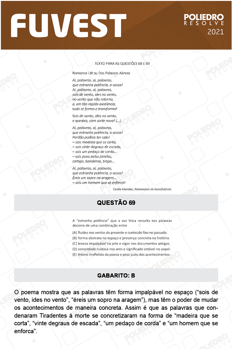 Questão 69 - 1ª Fase - FUVEST 2021