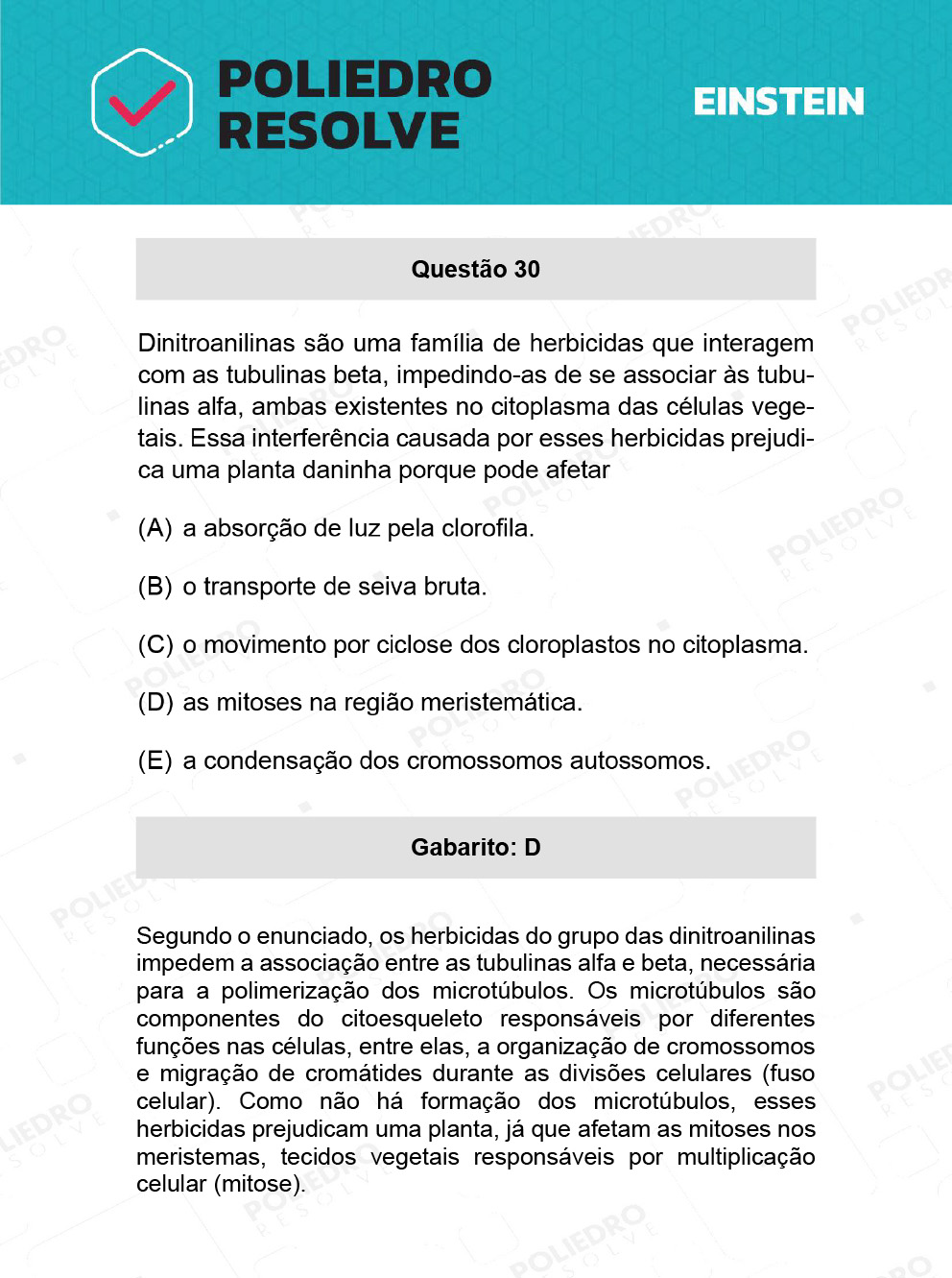 Questão 30 - Fase única - EINSTEIN 2022