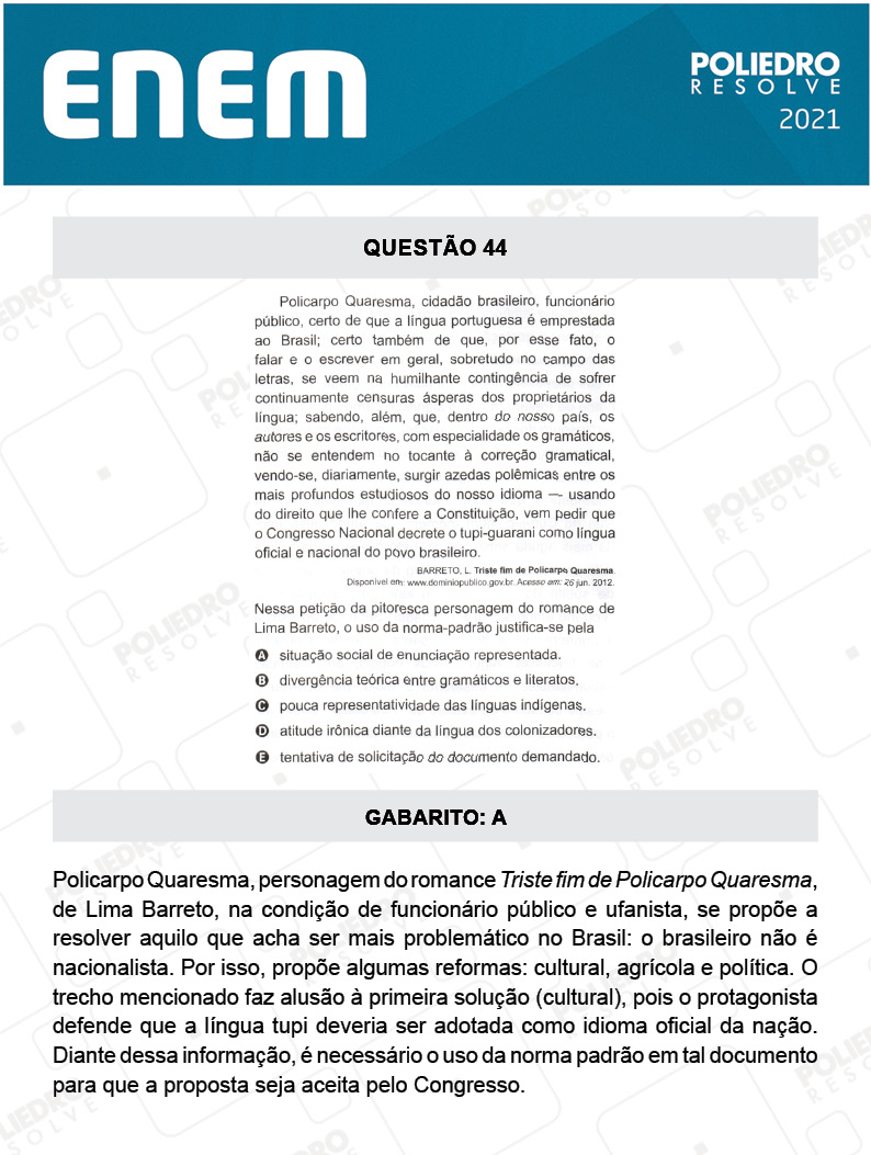 Questão 44 - 1º DIA - Prova Branca - ENEM 2020