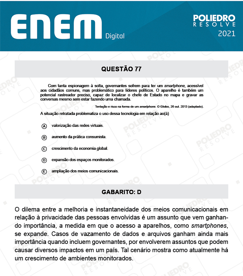 Questão 77 - 1º Dia - Prova Branca - Espanhol - ENEM DIGITAL 2020