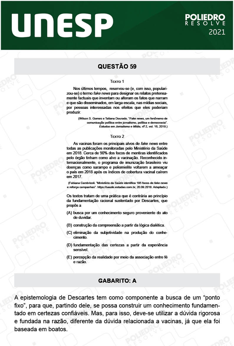 Questão 59 - 1ª Fase - 1º Dia - UNESP 2021