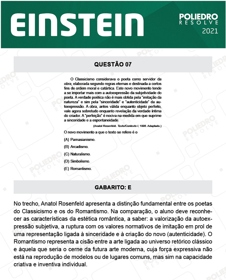 Questão 7 - Fase única - EINSTEIN 2021