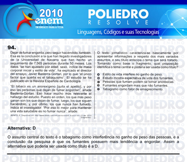 Questão 94 - Domingo (Prova rosa) - ENEM 2010