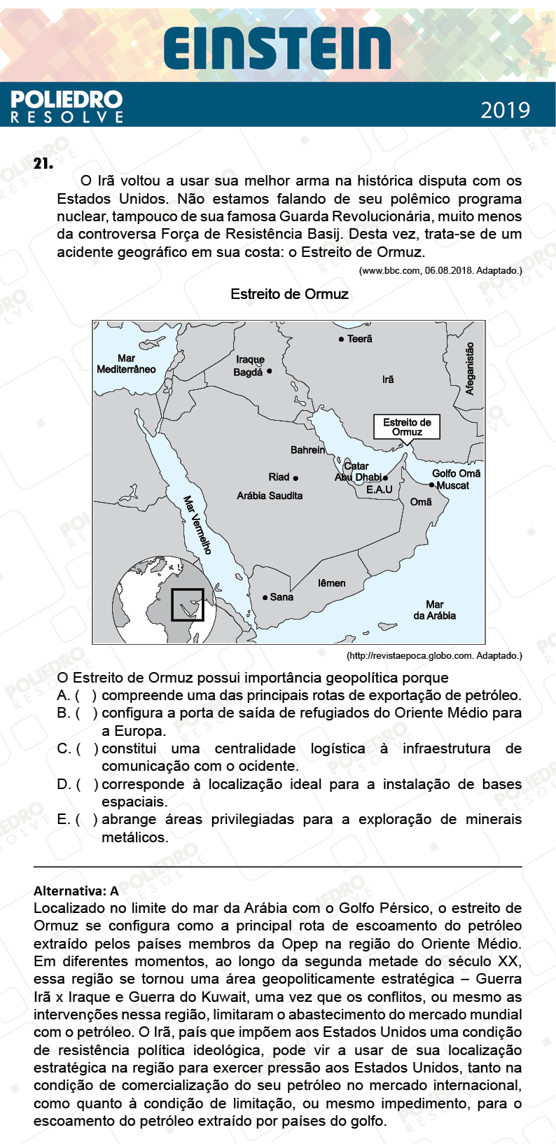 Questão 21 - Fase única - EINSTEIN 2019