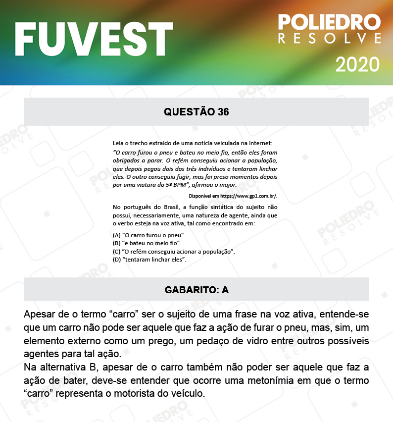 Questão 36 - 1ª Fase - Prova V - FUVEST 2020