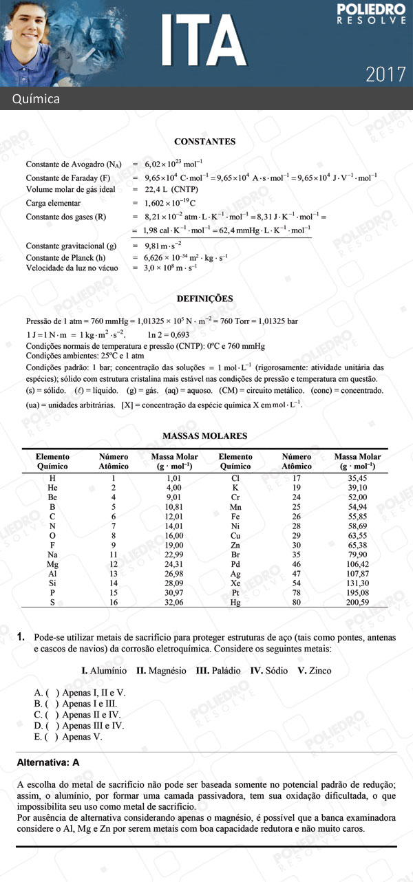 Questão 1 - Química - ITA 2017