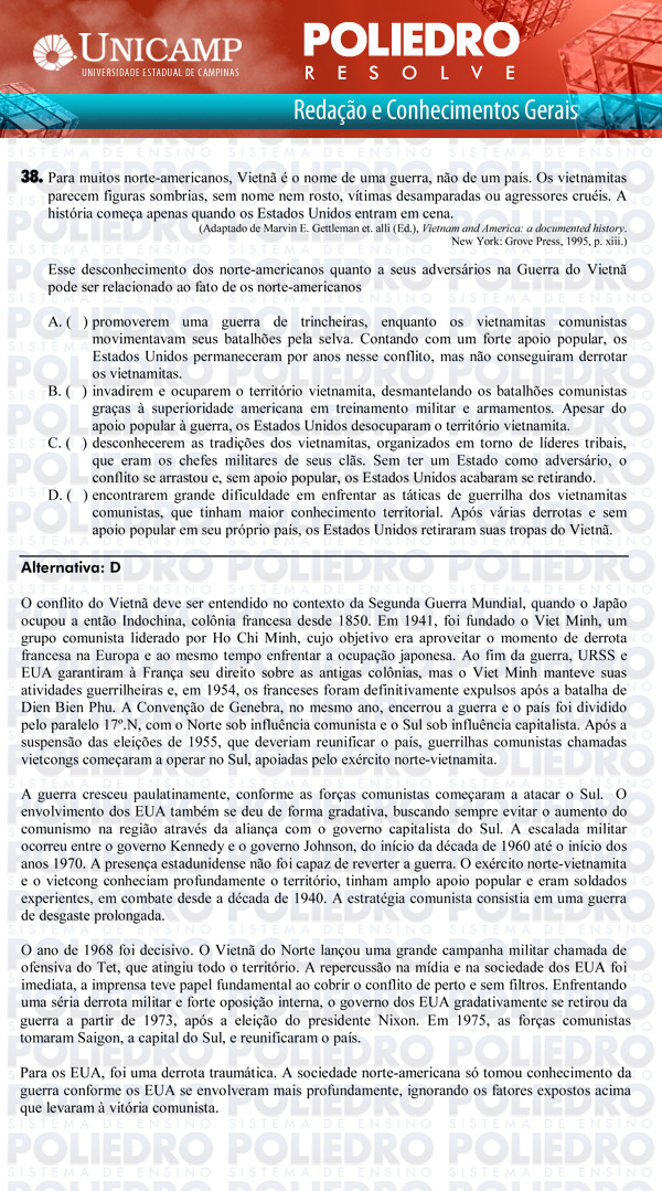 Questão 38 - 1ª Fase Versão Q-Z - UNICAMP 2011