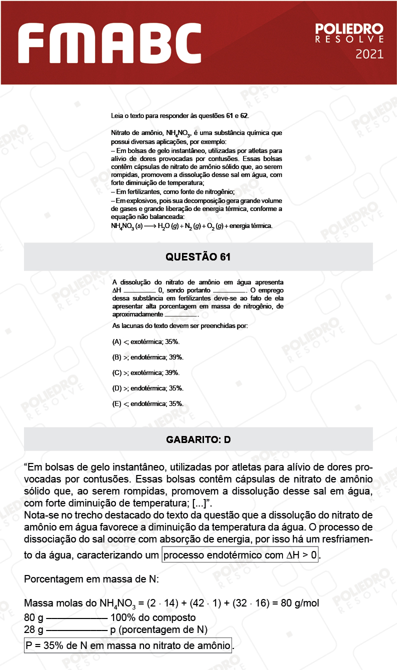 Questão 61 - Fase única - FMABC 2021