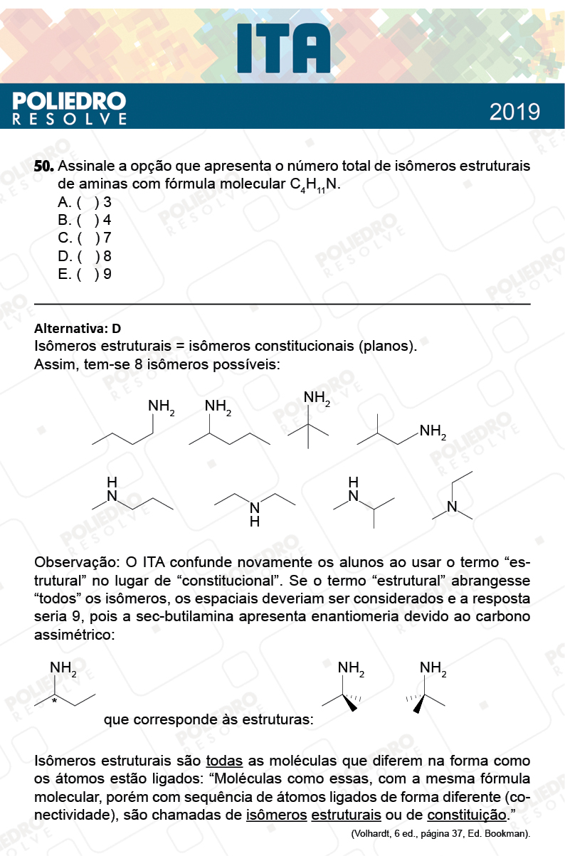 Questão 50 - 1ª Fase - FIS / POR / ING/ MAT / QUI - ITA 2019