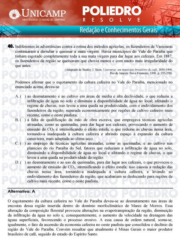 Questão 40 - 1ª Fase Versão Q-Z - UNICAMP 2011