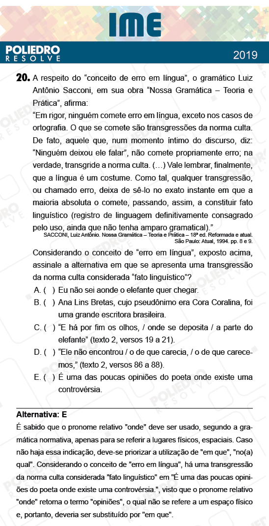 Questão 20 - 2ª Fase - Português/Inglês - IME 2019