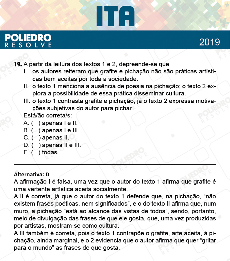 Questão 19 - 1ª Fase - FIS / POR / ING/ MAT / QUI - ITA 2019