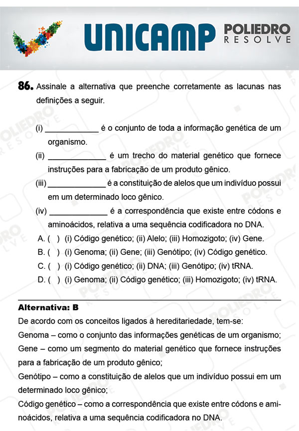 Questão 86 - 1ª Fase - PROVA Q - UNICAMP 2018