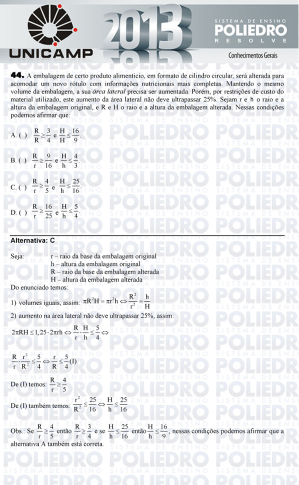 Questão 44 - 1ª Fase - UNICAMP 2013