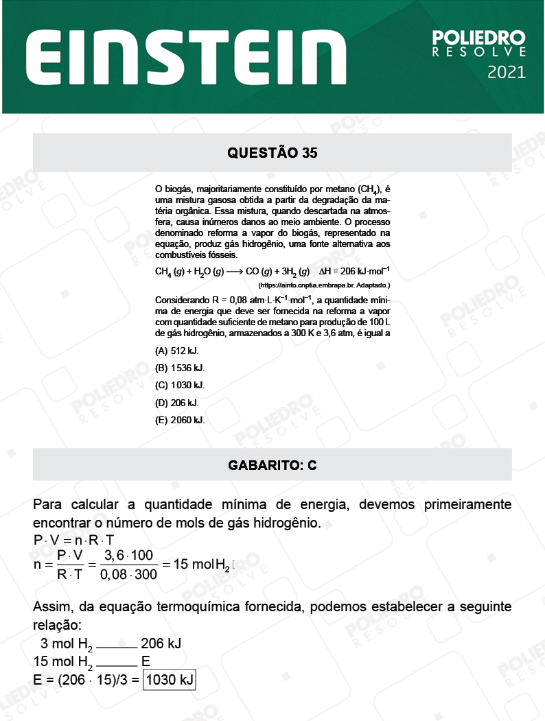 Questão 35 - Fase única - EINSTEIN 2021