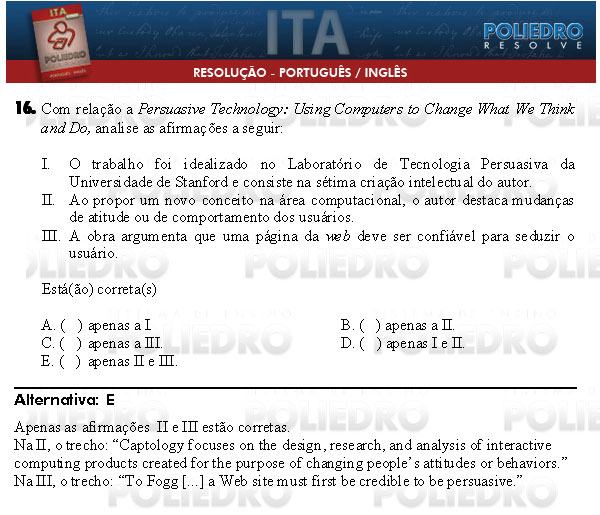 Questão 16 - Português e Inglês - ITA 2009