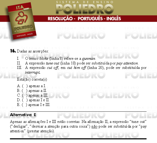 Questão 16 - Português e Inglês - ITA 2008