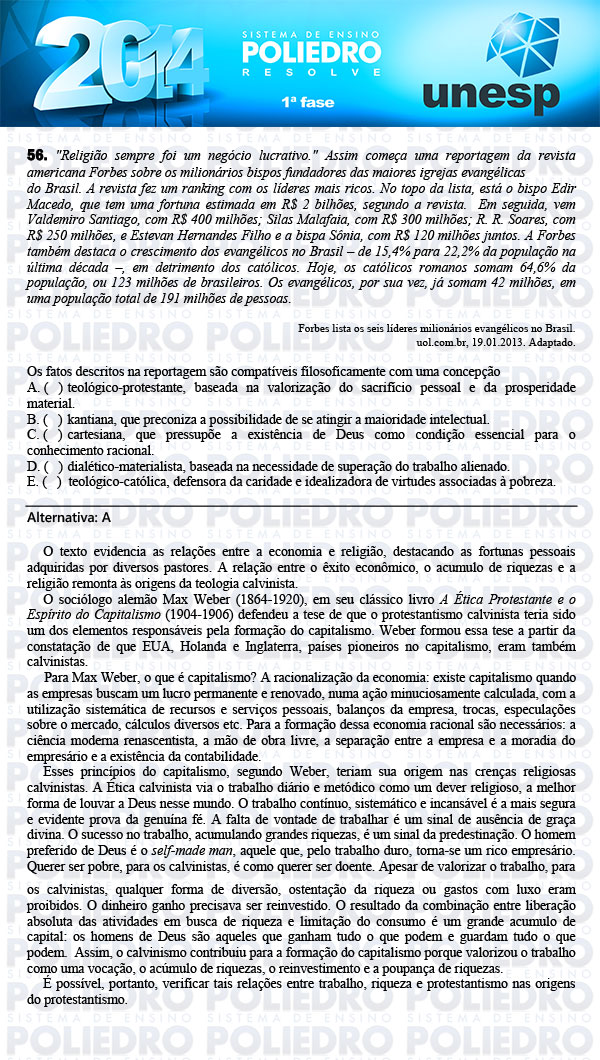 Questão 56 - 1ª Fase - UNESP 2014