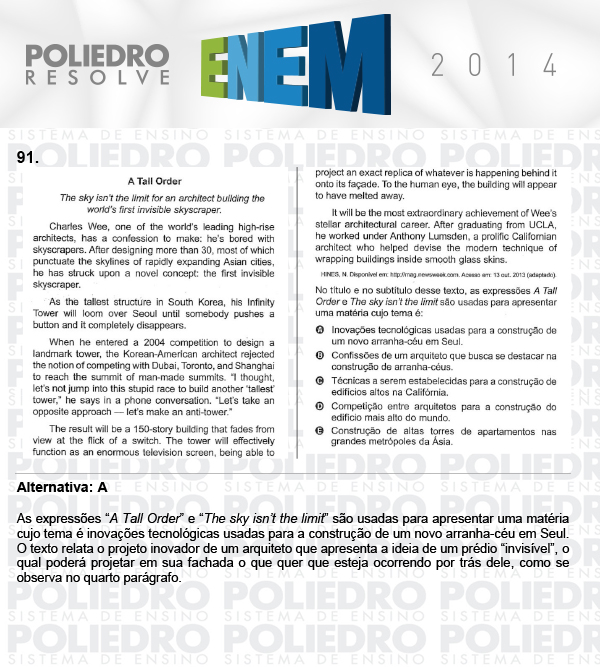 Questão 91 - Domingo (Prova Cinza) - ENEM 2014