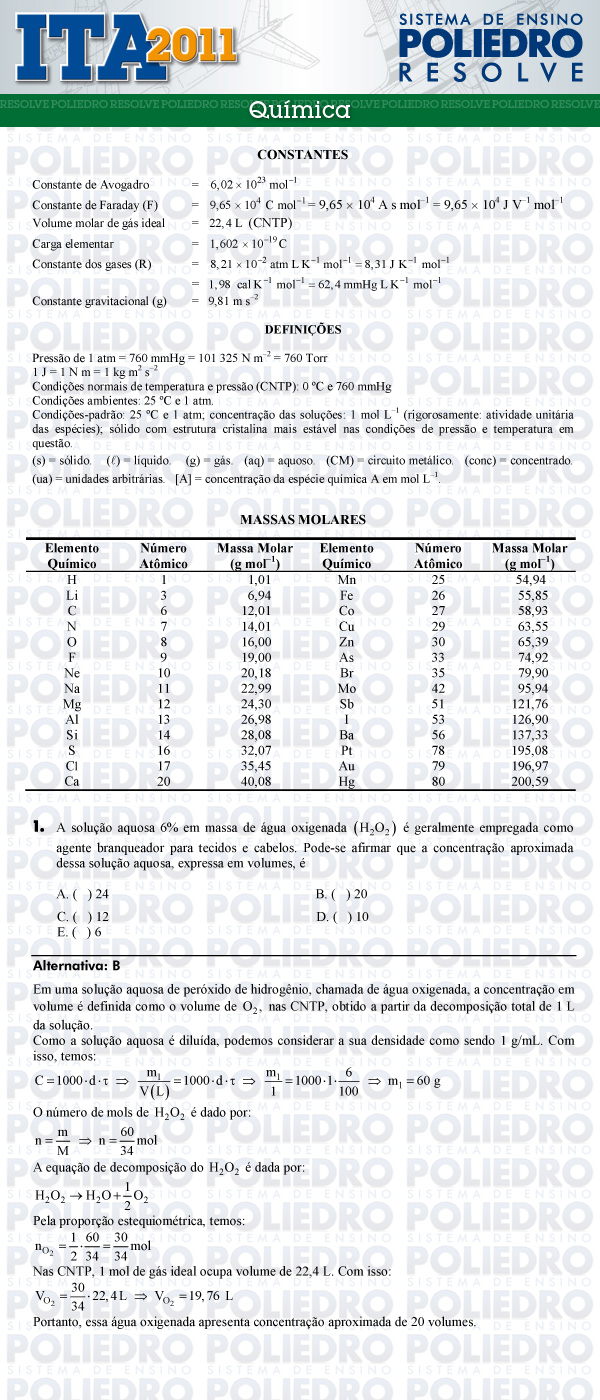 Questão 1 - Química - ITA 2011