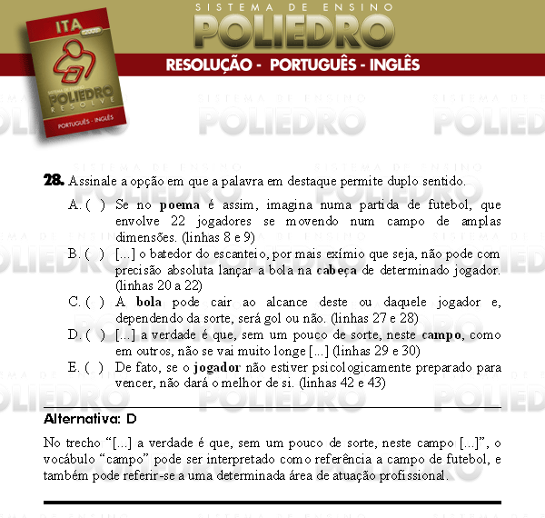 Questão 28 - Português e Inglês - ITA 2008