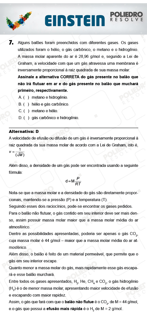 Questão 7 - 1ª FASE - EINSTEIN 2018