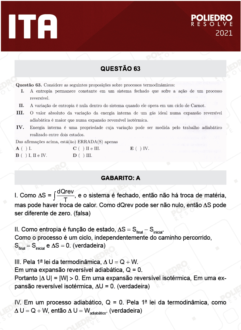 Questão 63 - 1ª Fase - ITA 2021