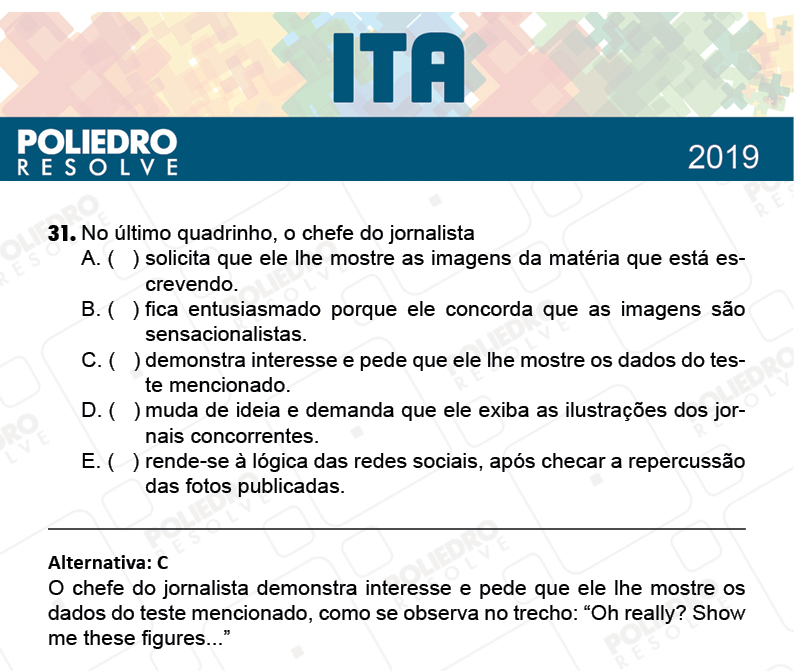 Questão 31 - 1ª Fase - FIS / POR / ING/ MAT / QUI - ITA 2019