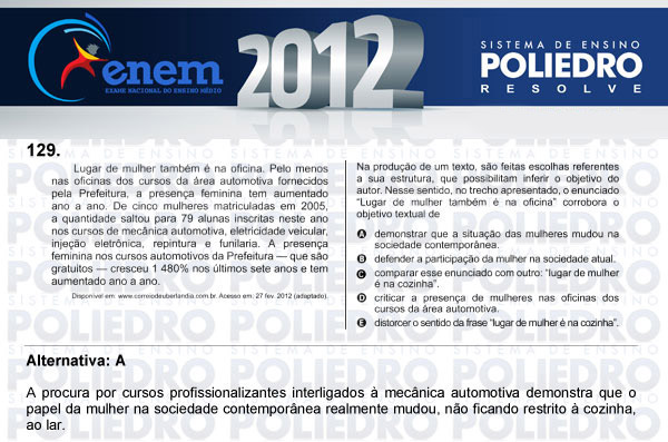 Questão 129 - Domingo (Prova rosa) - ENEM 2012