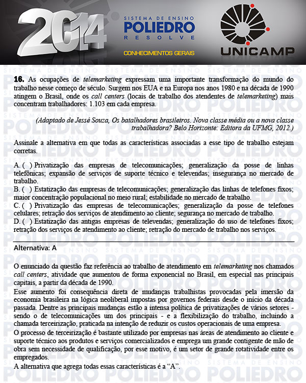 Questão 16 - 1ª Fase - UNICAMP 2014