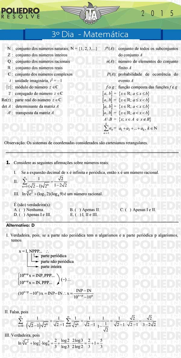 Questão 1 - Matemática - ITA 2015