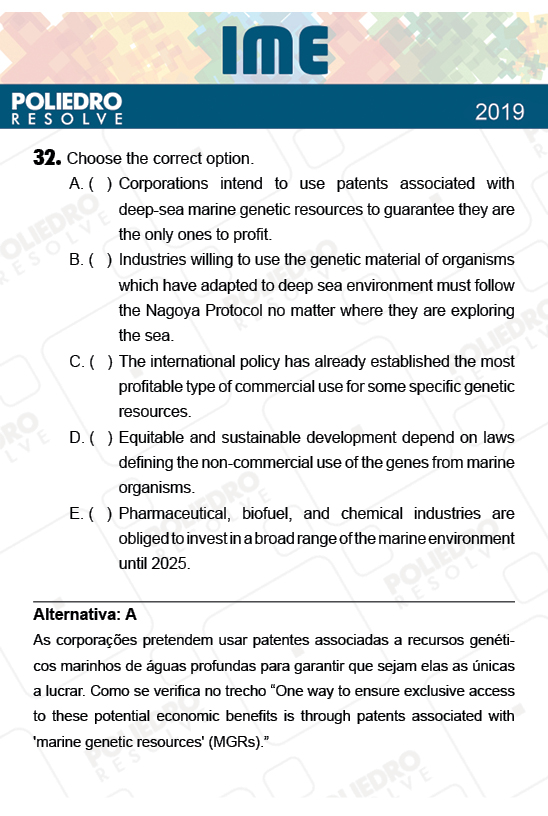 Questão 32 - 2ª Fase - Português/Inglês - IME 2019
