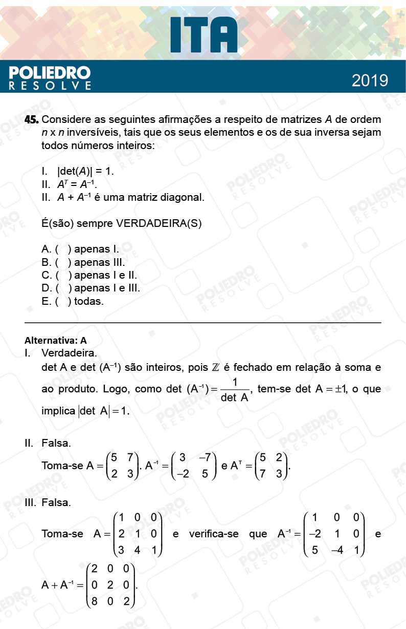 Questão 45 - 1ª Fase - FIS / POR / ING/ MAT / QUI - ITA 2019