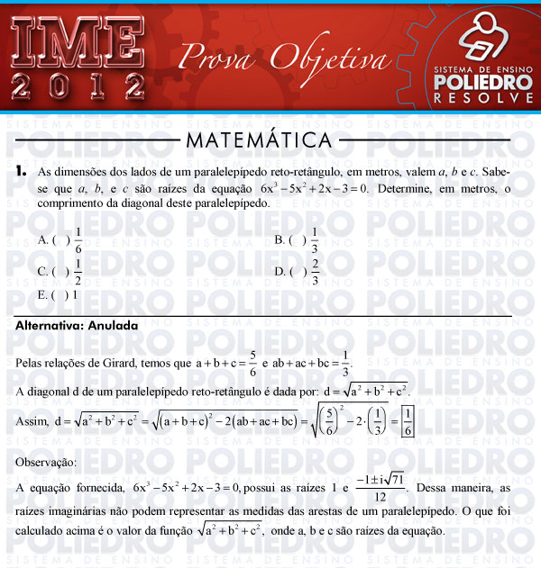 Questão 1 - Objetiva - IME 2012