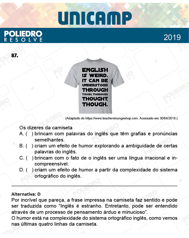 Questão 87 - 1ª Fase - PROVA Q e X - UNICAMP 2019