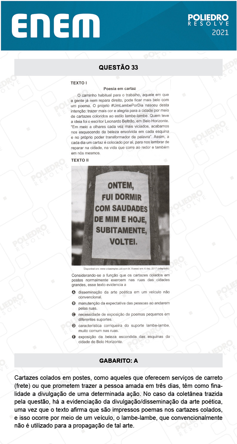 Questão 33 - 1º DIA - Prova Azul - ENEM 2020