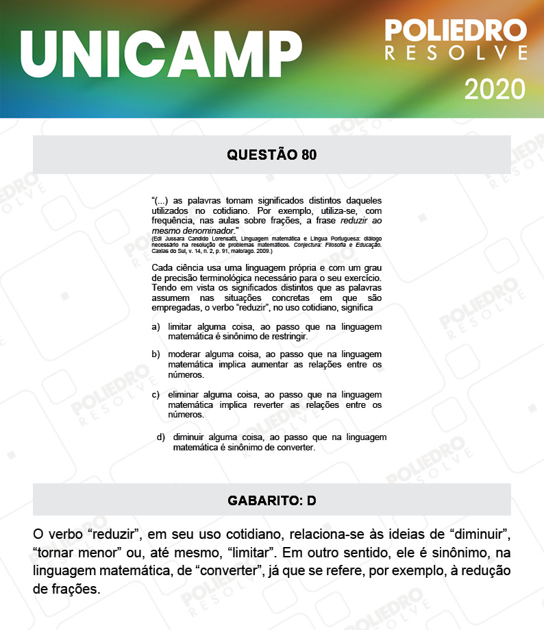 Questão 80 - 1ª Fase - Prova Q e X - UNICAMP 2020