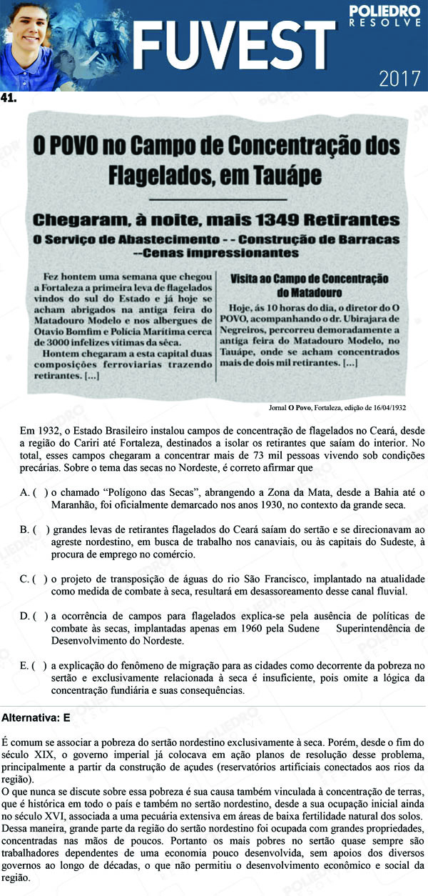 Questão 41 - 1ª Fase - FUVEST 2017