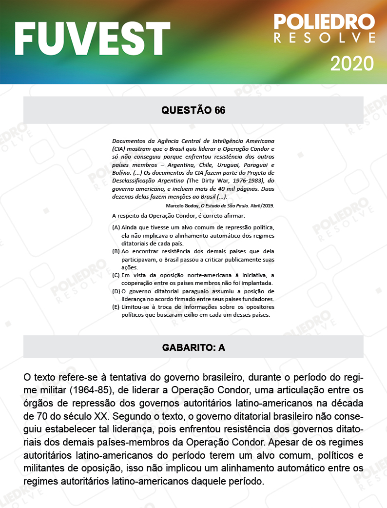 Questão 66 - 1ª Fase - Prova V - FUVEST 2020