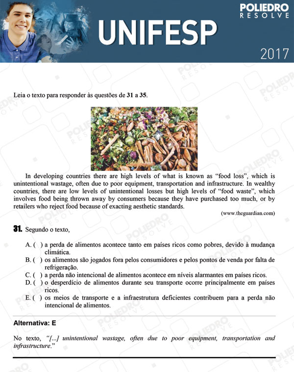 Questão 31 - 1º dia - UNIFESP 2017