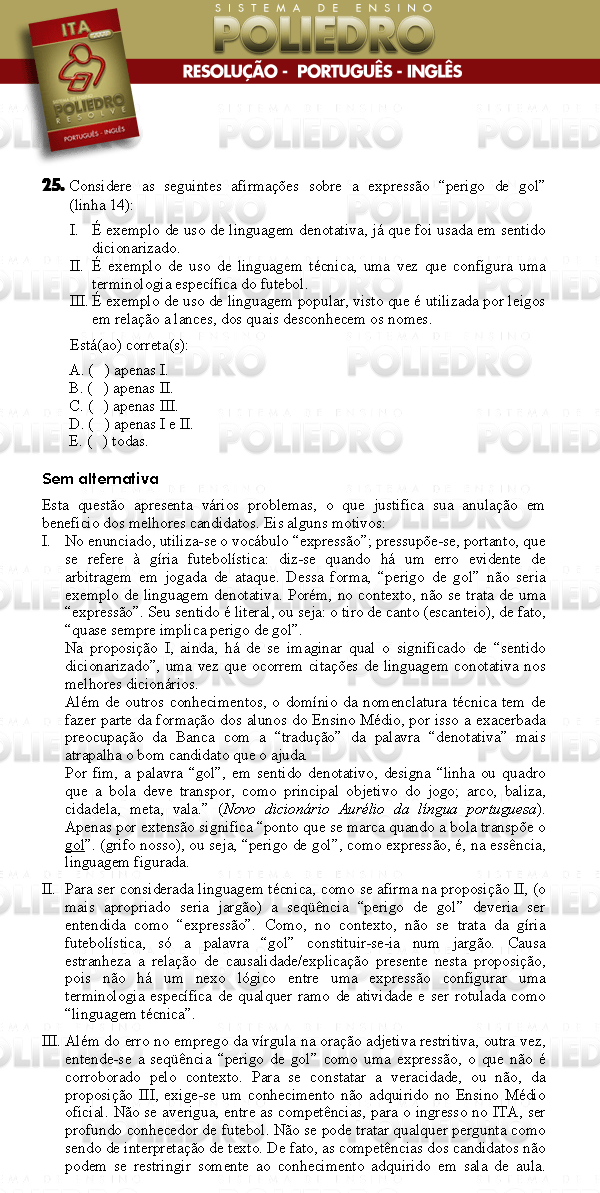 Questão 25 - Português e Inglês - ITA 2008