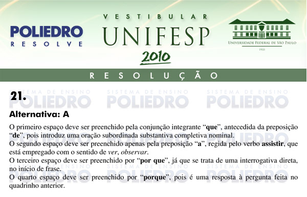 Questão 21 - Português e Inglês - UNIFESP 2010