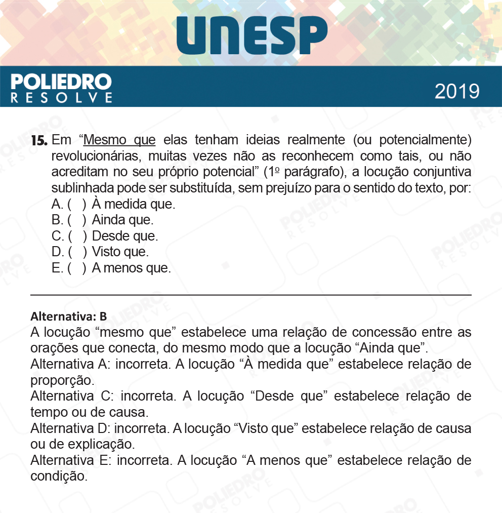 Questão 15 - 1ª Fase - UNESP 2019